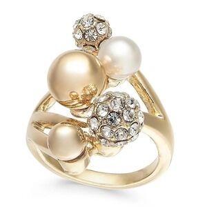 INC International Concepts Gold Tone Pearl Crystal Orb Ring Size 7 New with Tag